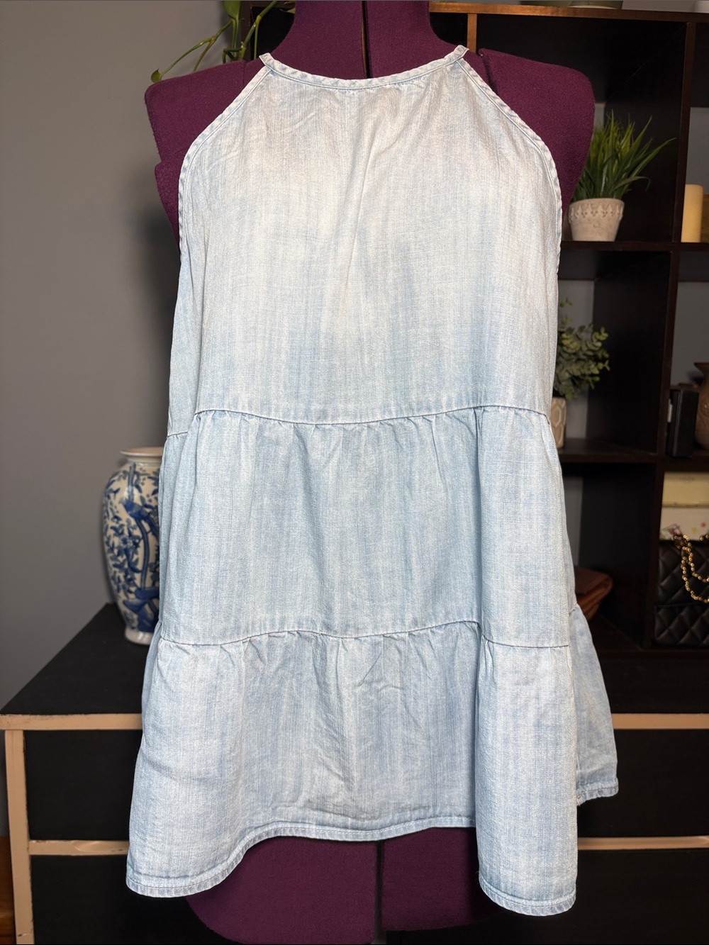 Anthropologie Light Blue Denim-Effect Tiered Halter Dress for Kids